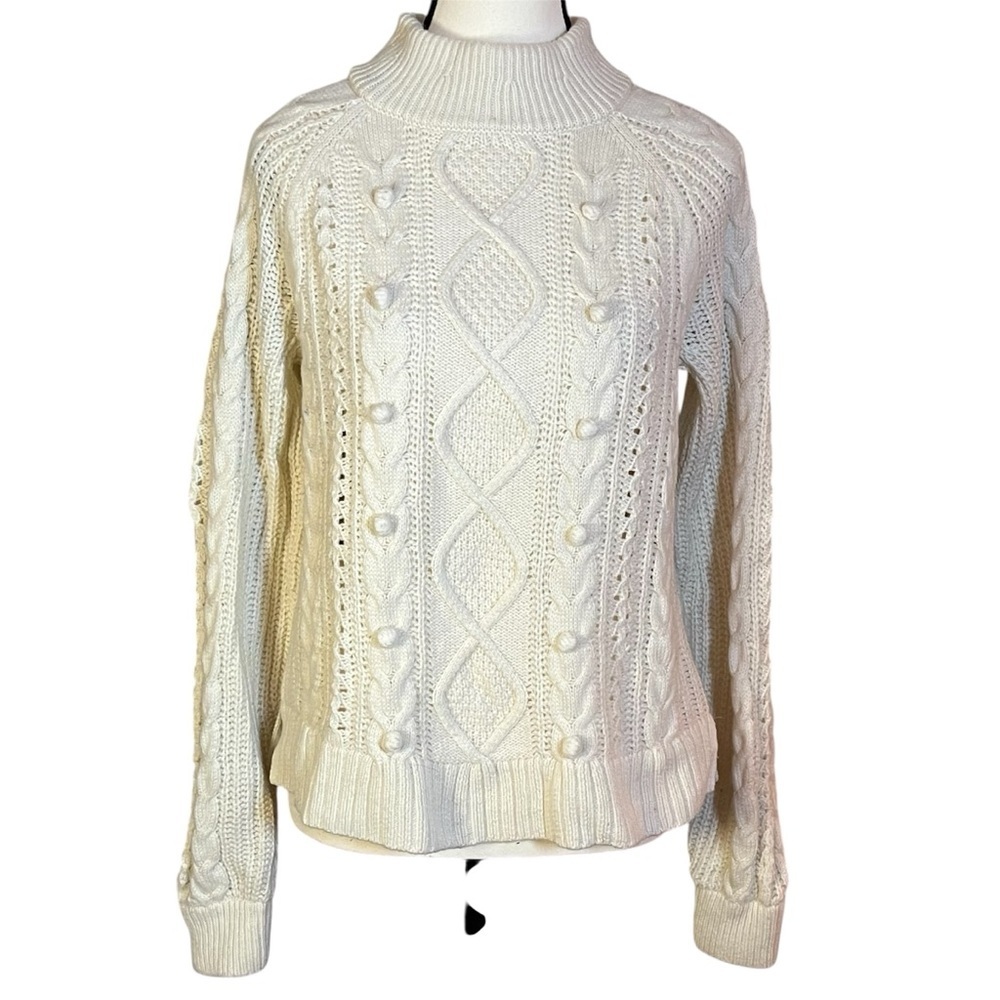 J Crew Women's Azra Cable Knit Pullover Sweater Wool Blend Sz M Fisherman Cream